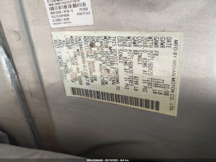 2008 Nissan Armada Le VIN: 5N1BA08D98N626878 Lot: 43268458