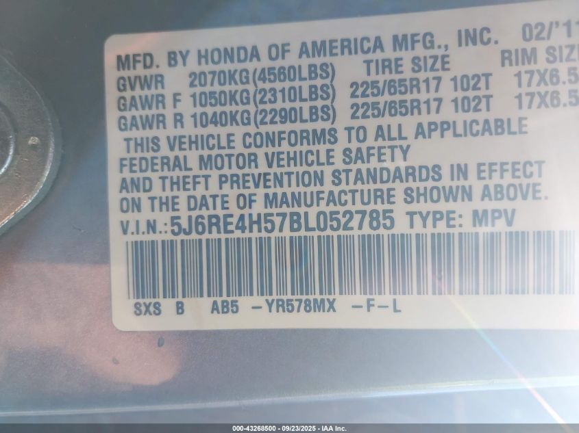 2011 Honda Cr-V Ex VIN: 5J6RE4H57BL052785 Lot: 43268500