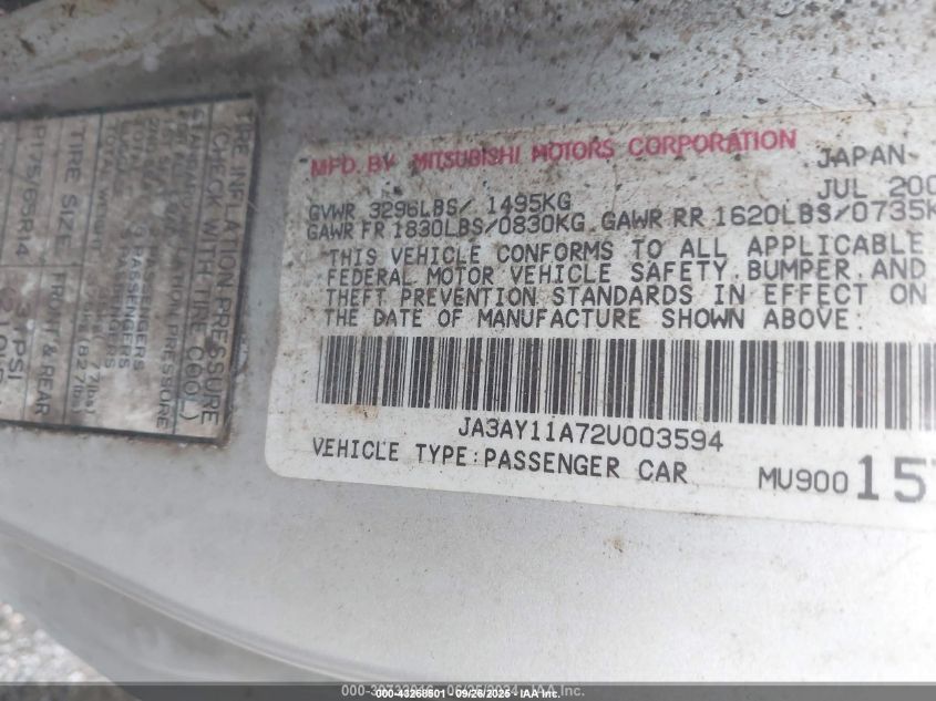 2002 Mitsubishi Mirage De VIN: JA3AY11A72U003594 Lot: 43268501
