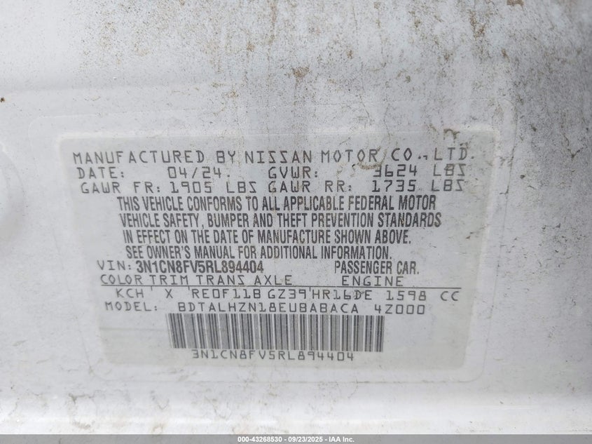 2024 Nissan Versa 1.6 Sr VIN: 3N1CN8FV5RL894404 Lot: 43268530