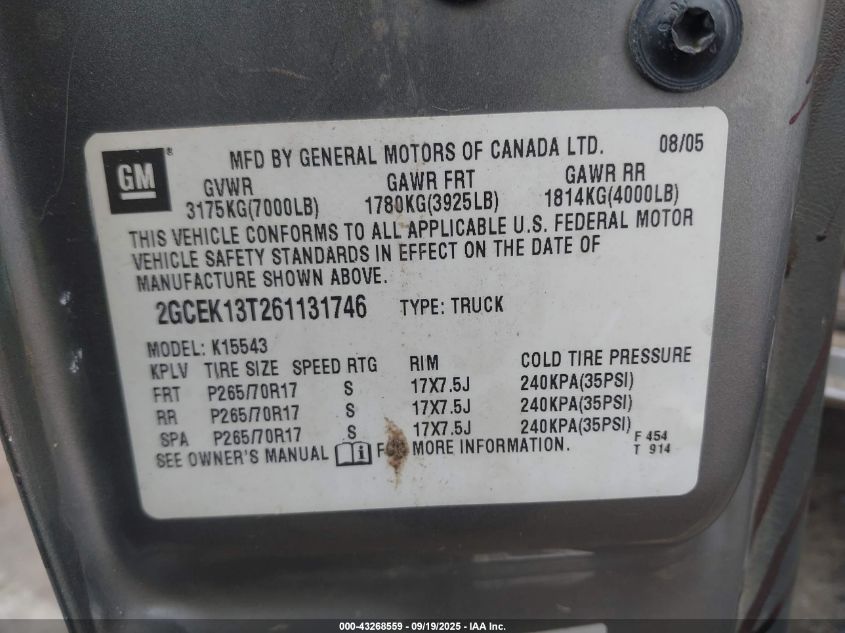 2006 Chevrolet Silverado 1500 Lt2 VIN: 2GCEK13T261131746 Lot: 43268559