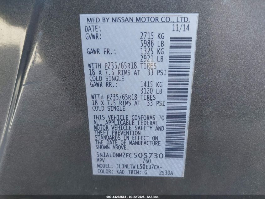 2015 Infiniti Qx60 VIN: 5N1AL0MM2FC505730 Lot: 43268561