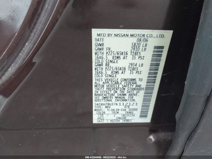 2007 Nissan Quest 3.5 S VIN: 5N1BV28U37N112121 Lot: 43268562