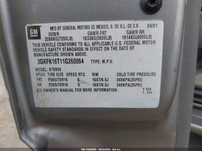 2001 GMC Yukon Xl 1500 Sle VIN: 3GKFK16T11G260064 Lot: 43268565