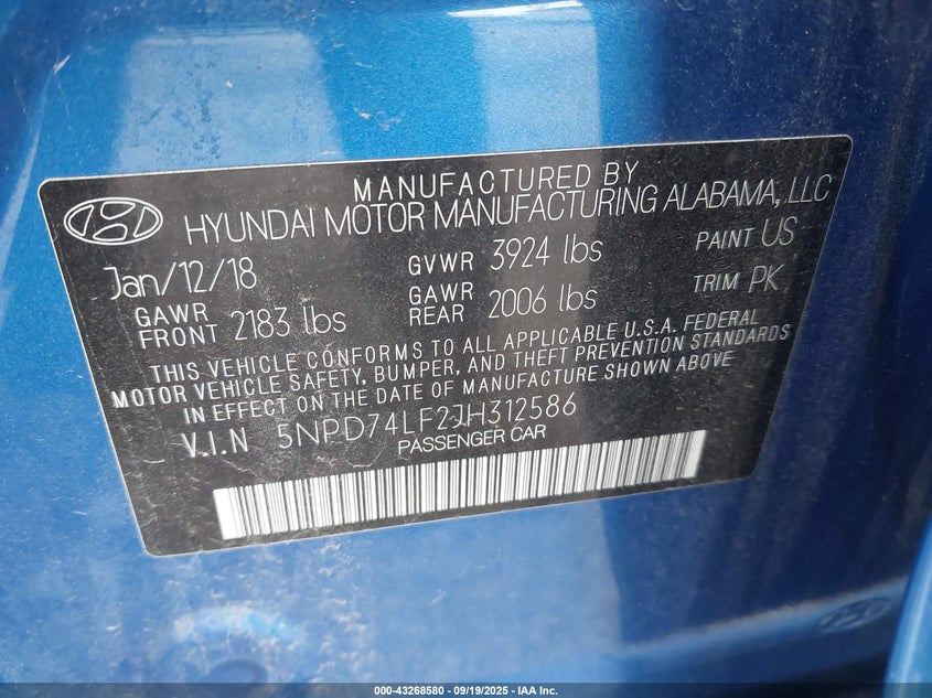 2018 HYUNDAI ELANTRA SE 5NPD74LF2JH312586