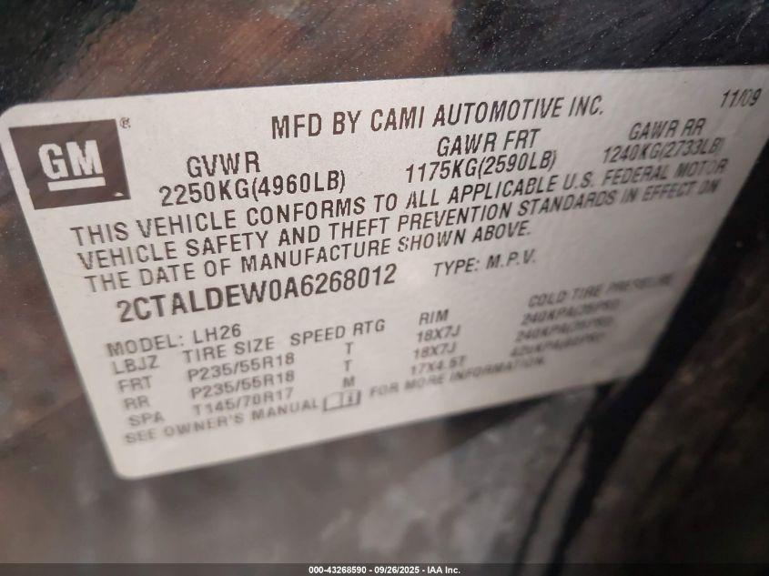 2010 GMC Terrain Sle-2 VIN: 2CTALDEW0A6268012 Lot: 43268590