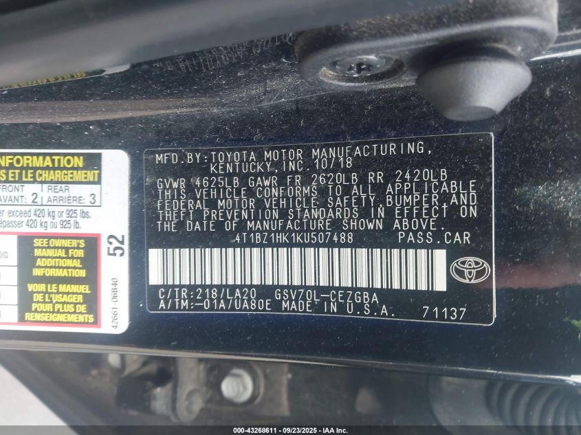 2019 Toyota Camry Xle V6 VIN: 4T1BZ1HK1KU507488 Lot: 43268611