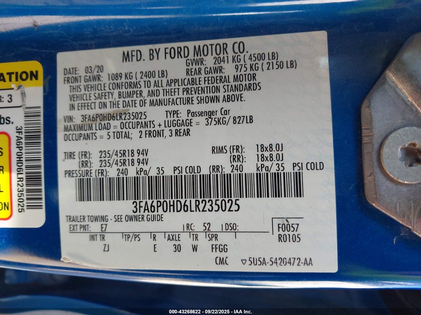 2020 Ford Fusion Se VIN: 3FA6P0HD6LR235025 Lot: 43268622
