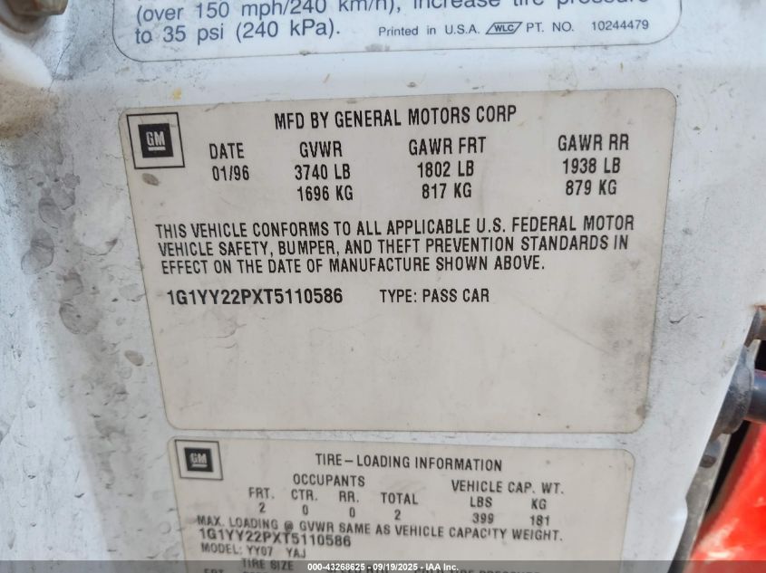 1996 Chevrolet Corvette VIN: 1G1YY22PXT5110586 Lot: 43268625