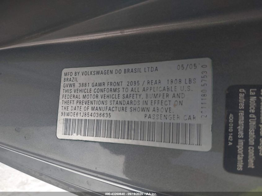 2005 Volkswagen Gti 1.8T VIN: 9BWDE61J854036635 Lot: 43268640