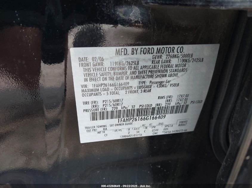2006 Ford Five Hundred Se VIN: 1FAHP26166G166409 Lot: 43268649