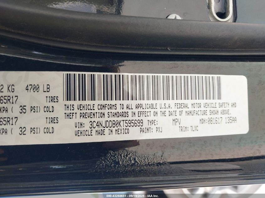 2019 Jeep Compass Trailhawk 4X4 VIN: 3C4NJDDB0KT595699 Lot: 43268651