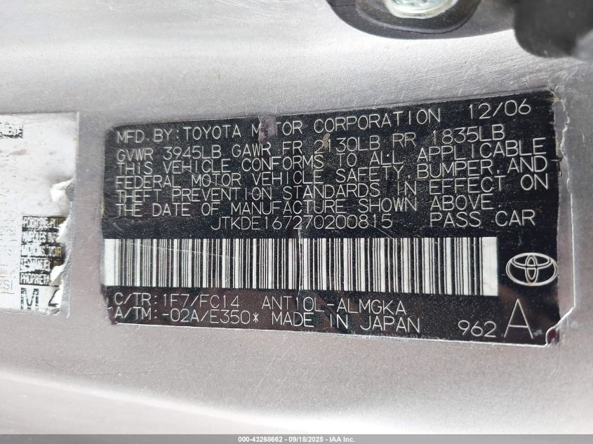 2007 Scion Tc VIN: JTKDE167270200815 Lot: 43268662