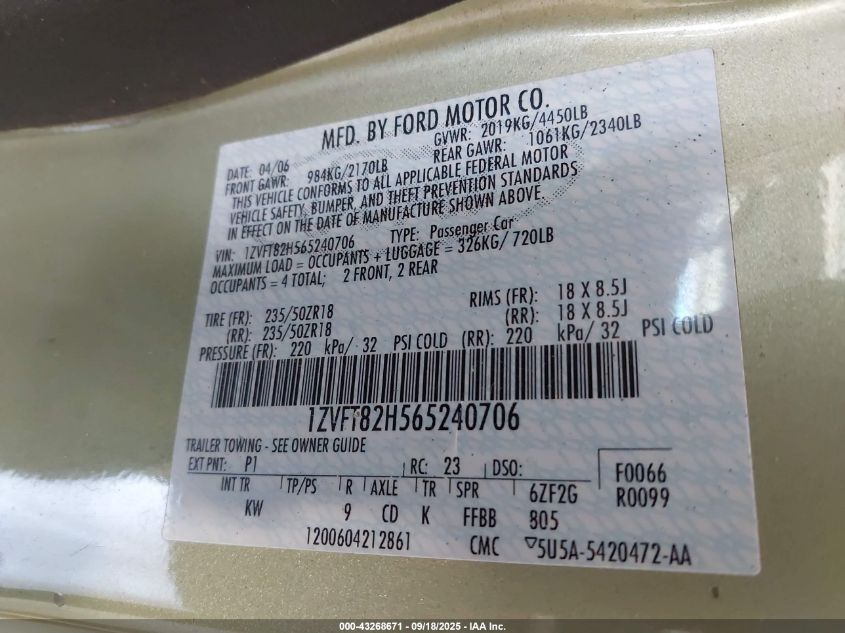 2006 Ford Mustang Gt VIN: 1ZVFT82H565240706 Lot: 43268671