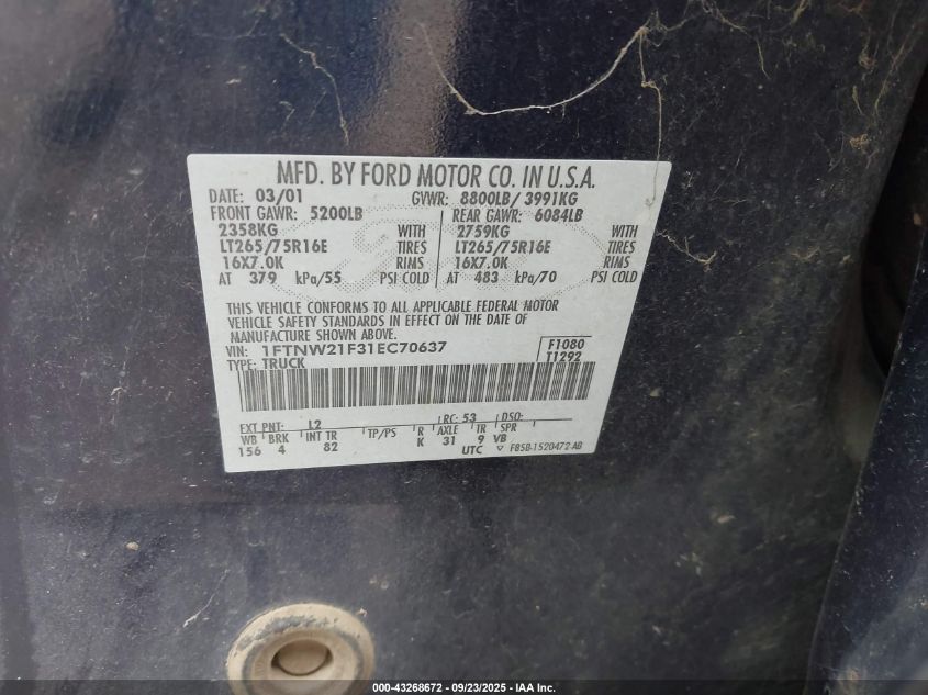 2001 Ford F-250 Lariat/Xl/Xlt VIN: 1FTNW21F31EC70637 Lot: 43268672