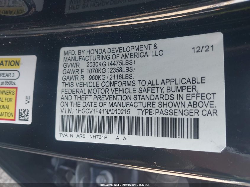 2022 Honda Accord Sport Special Edition VIN: 1HGCV1F41NA010215 Lot: 43268684