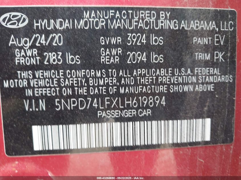 2020 Hyundai Elantra Se VIN: 5NPD74LFXLH619894 Lot: 43268690