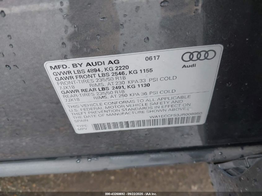 2018 Audi Q3 2.0T Premium/2.0T Sport Premium VIN: WA1ECCFS3JR008950 Lot: 43268692