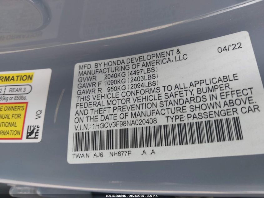 2022 Honda Accord Hybrid Touring VIN: 1HGCV3F98NA020408 Lot: 43268695