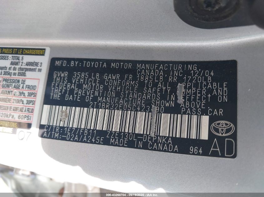 2005 Toyota Corolla Le VIN: 2T1BR32E05C423490 Lot: 43268704