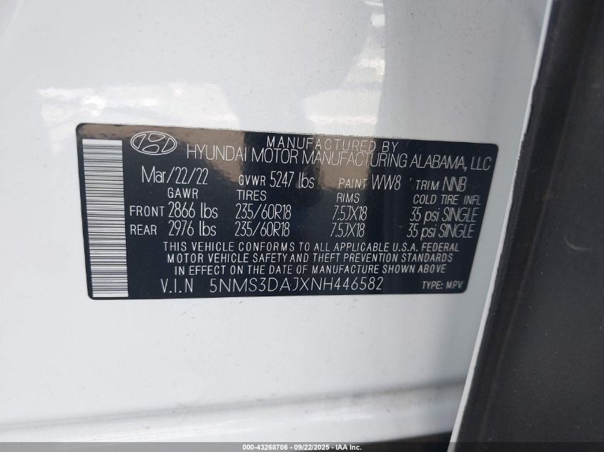 2022 Hyundai Santa Fe Sel VIN: 5NMS3DAJXNH446582 Lot: 43268706