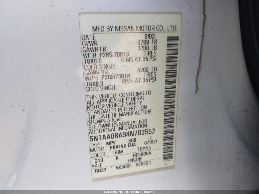 2004 Nissan Pathfinder Armada Le VIN: 5N1AA08A94N703552 Lot: 43268709