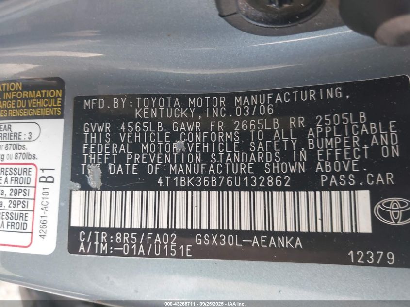 2006 Toyota Avalon Xl VIN: 4T1BK36B76U132862 Lot: 43268711