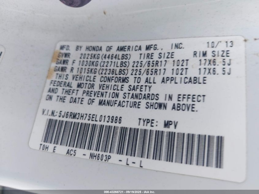 2014 Honda Cr-V Ex-L VIN: 5J6RM3H75EL013986 Lot: 43268721