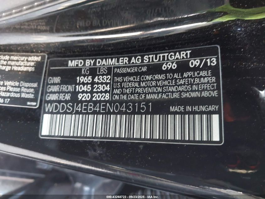 2014 Mercedes-Benz Cla 250 VIN: WDDSJ4EB4EN043151 Lot: 43268723