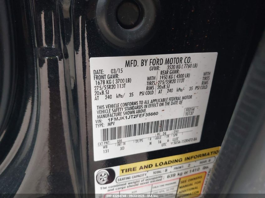 2015 Ford Expedition El Xlt VIN: 1FMJK1JT2FEF35660 Lot: 43268746