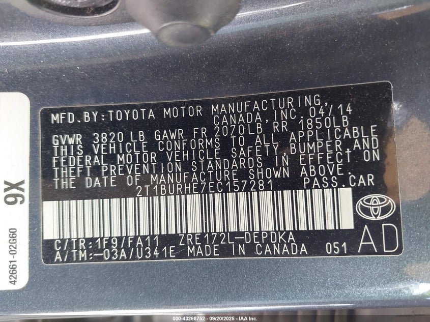 2014 Toyota Corolla L VIN: 2T1BURHE7EC157281 Lot: 43268752