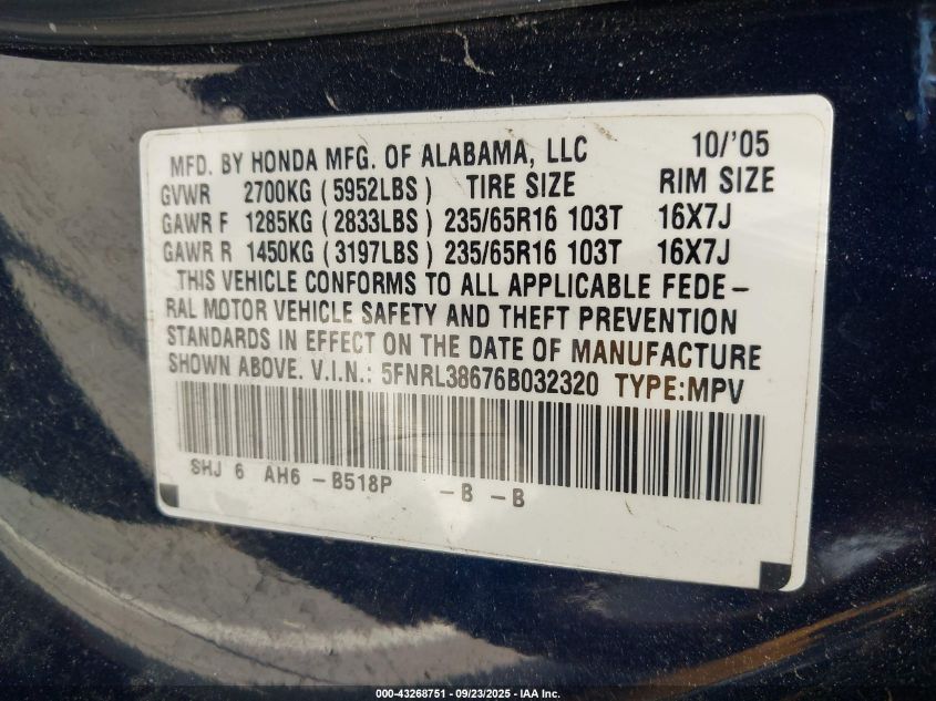 2006 Honda Odyssey Ex-L VIN: 5FNRL38676B032320 Lot: 43268751