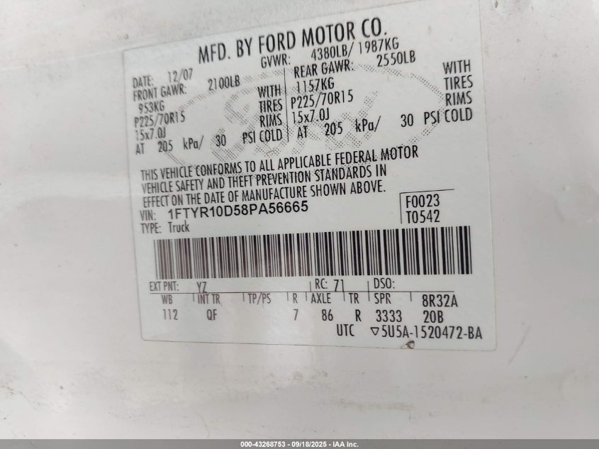 2008 Ford Ranger Xl/Xlt VIN: 1FTYR10D58PA56665 Lot: 43268753