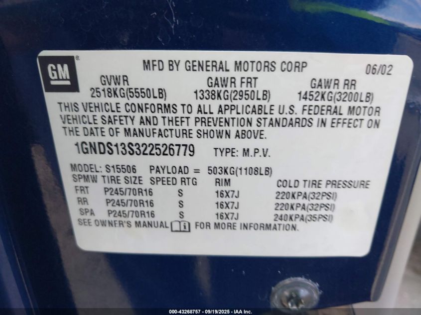 2002 Chevrolet Trailblazer Ls VIN: 1GNDS13S322526779 Lot: 43268757