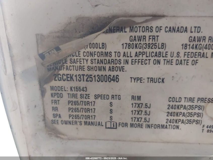 2005 Chevrolet Silverado 1500 Z71 VIN: 2GCEK13T251300646 Lot: 43268773