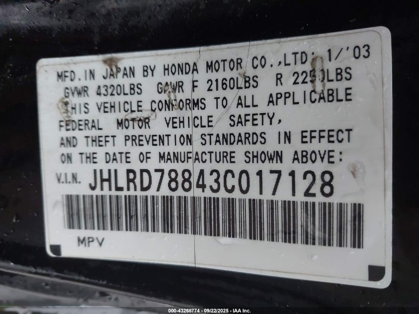 2003 Honda Cr-V Ex VIN: JHLRD78843C017128 Lot: 43268774