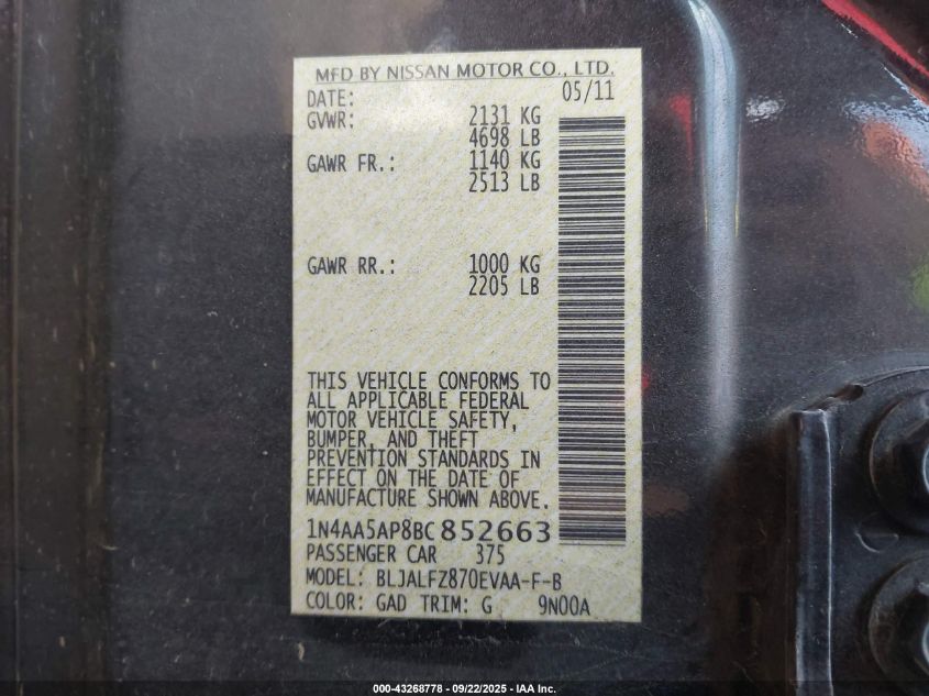 2011 Nissan Maxima 3.5 Sv VIN: 1N4AA5AP8BC852663 Lot: 43268778