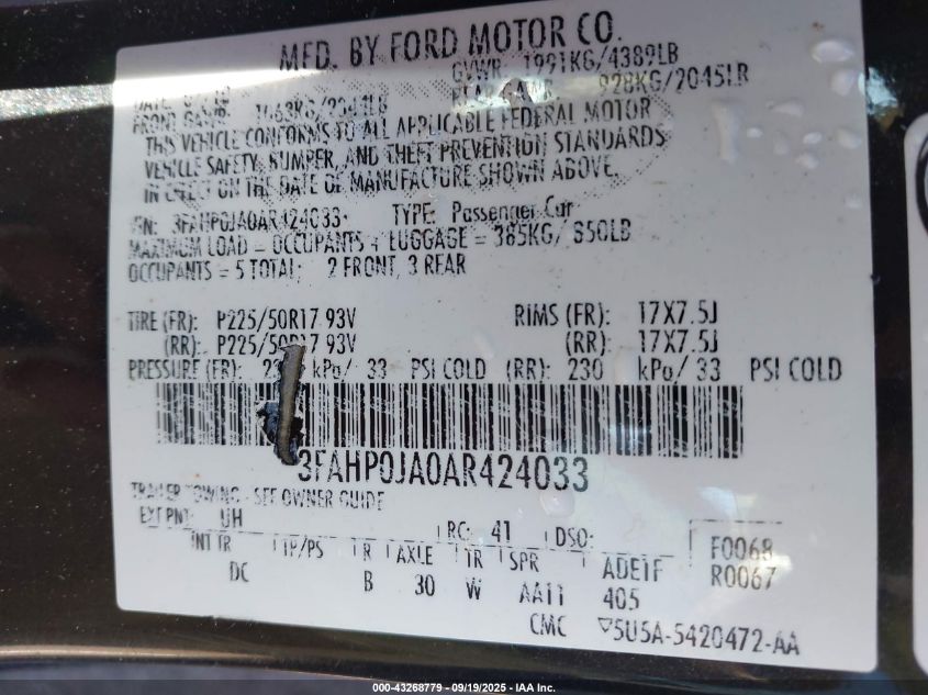 2010 Ford Fusion Sel VIN: 3FAHP0JA0AR424033 Lot: 43268779