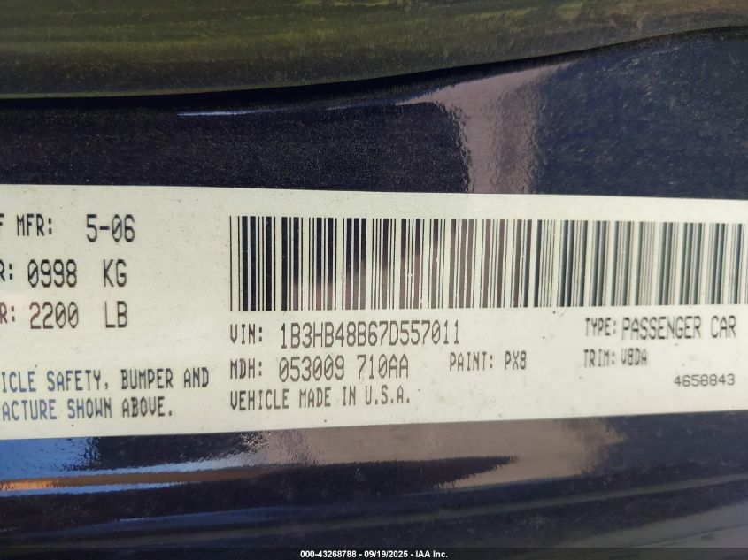 2007 Dodge Caliber Sxt VIN: 1B3HB48B67D557011 Lot: 43268788