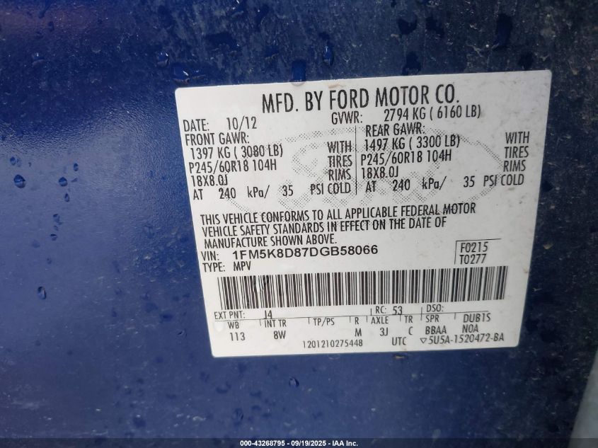 2013 Ford Explorer Xlt VIN: 1FM5K8D87DGB58066 Lot: 43268795