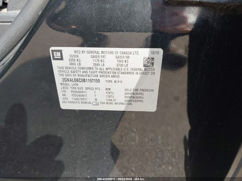 2011 Chevrolet Equinox 1Lt VIN: 2GNALDEC8B1197150 Lot: 43268811