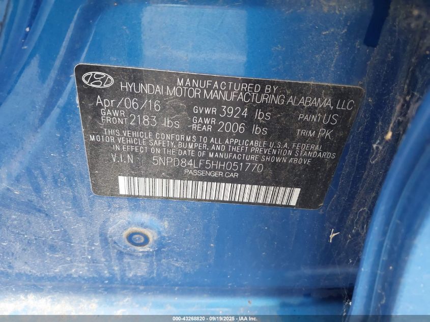 2017 Hyundai Elantra Se VIN: 5NPD84LF5HH051770 Lot: 43268820