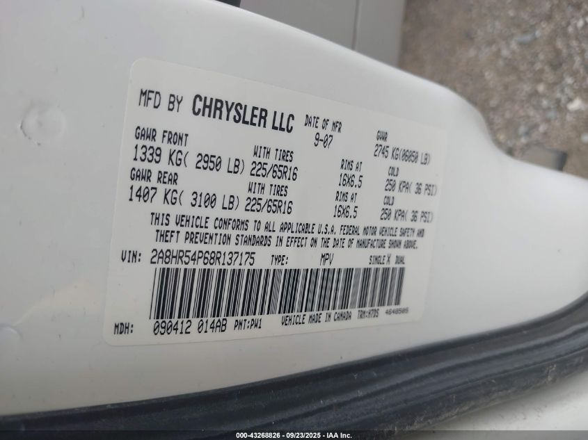 2008 Chrysler Town & Country Touring VIN: 2A8HR54P68R137175 Lot: 43268826