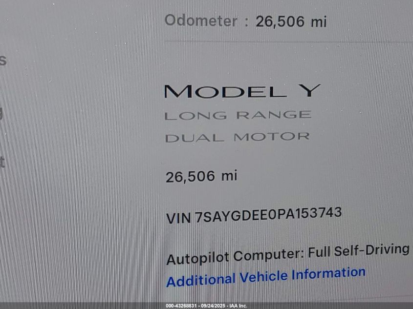 2023 Tesla Model Y Awd/Long Range Dual Motor All-Wheel Drive VIN: 7SAYGDEE0PA153743 Lot: 43268831