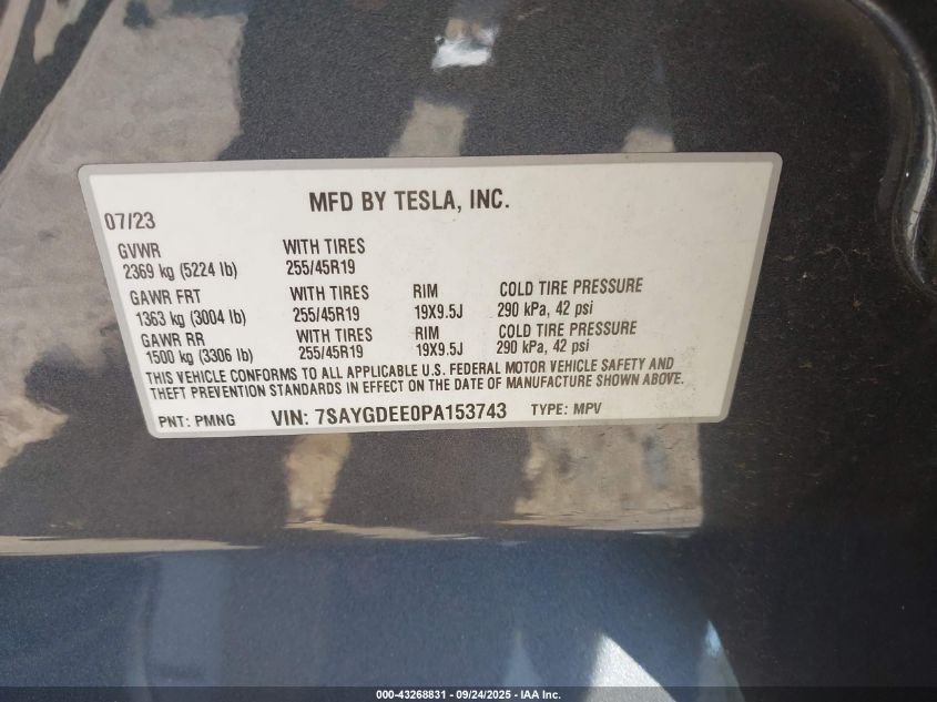2023 Tesla Model Y Awd/Long Range Dual Motor All-Wheel Drive VIN: 7SAYGDEE0PA153743 Lot: 43268831