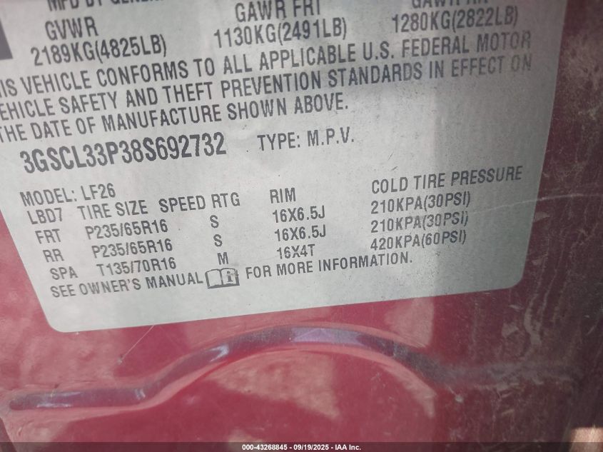 2008 Saturn Vue 4-Cyl Xe VIN: 3GSCL33P38S692732 Lot: 43268845