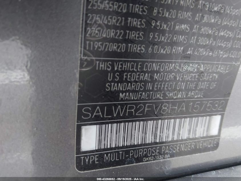 2017 Land Rover Range Rover Sport 3.0L V6 Supercharged Hse VIN: SALWR2FV8HA157532 Lot: 43268852