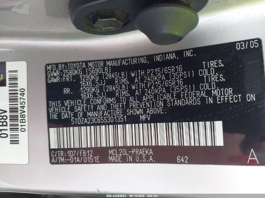 2005 Toyota Sienna Le VIN: 5TDZA23C65S301351 Lot: 43268863