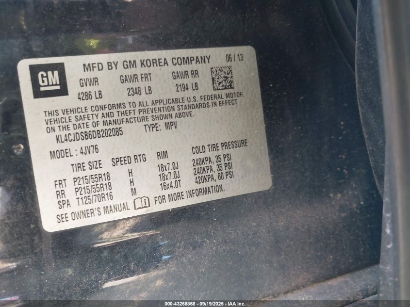 2013 Buick Encore Premium VIN: KL4CJDSB6DB202085 Lot: 43268868