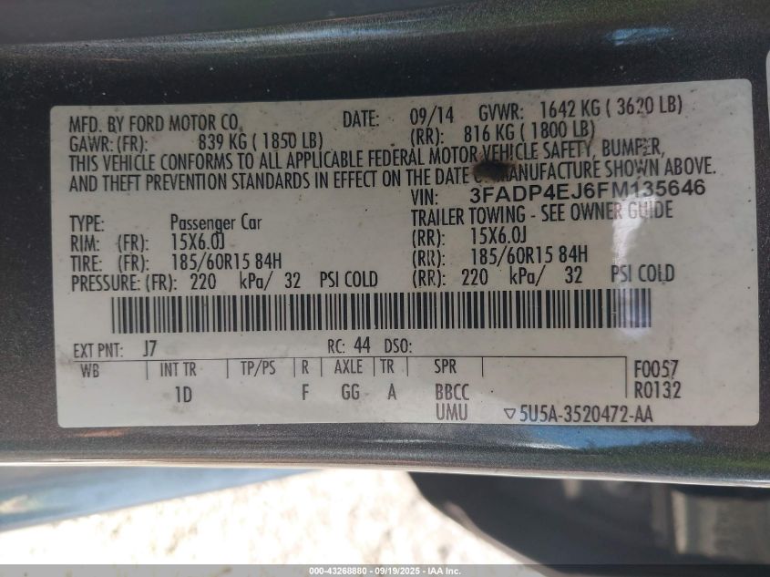 2015 Ford Fiesta Se VIN: 3FADP4EJ6FM135646 Lot: 43268880